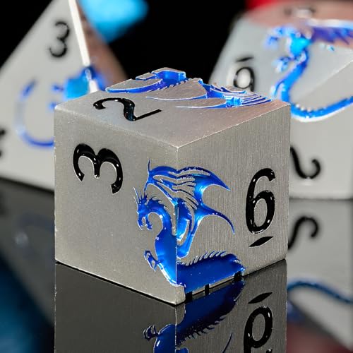 Metal Dragon DND Dice Set,7-Piece RPG Dice,Silver Blue | Zinc alloy polyhedral dragon dice set with easy-to-read numbers and a magnetic gift box for DND players and collectors. - color: Matte Silver With Blue