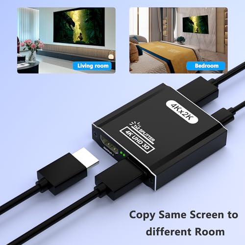 HDMI Splitter 1 in 2 Out, 4K HDMI Splitter for Dual Monitors- Copy 1 Source to 2 Displays at The Same Time (Need Power 5V 1A), Monitor Split for 2 Monitors, Compatible for Projector/TV/Monitor.