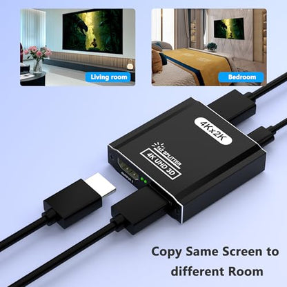 HDMI Splitter 1 in 2 Out, 4K HDMI Splitter for Dual Monitors- Copy 1 Source to 2 Displays at The Same Time (Need Power 5V 1A), Monitor Split for 2 Monitors, Compatible for Projector/TV/Monitor.