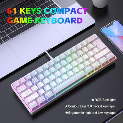 Snpurdiri 60% Wired Gaming Keyboard, 61 Keys RGB Backlit Ultra-Compact Contour Line Small Gaming Keyboard, for PC/Mac Gamer, Typist, Travel, Easy to Carry on Business Trip (White) - color: White(Contour-line)