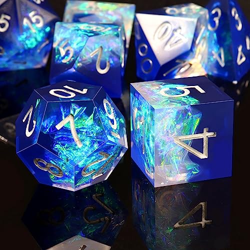 Haxtec Sharp Edge DND Dice Set, Holographic Resin Polyhedral RPG Dice | Blue D&D Dice for Role Playing Games, Compatible with Dungeons and Dragons, Handmade 7-Die with Metal Case, TTRPG Gifts - color: Blue Silver