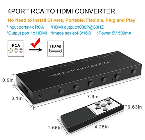 4Port AV to HDMI Converter, 4Port AV to HDMI Switcher with IR Remote, Support 16:9/4:3 and Quick Switch Compatible with WII/N64/SNES/Xbox/PS1/PS2/PS3/VHS/VCR/DVD Players etc.(4AV In-1HDMI Out) - style: 4Port AV to HDMI Converter