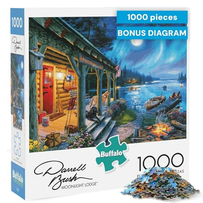 Buffalo Games Darrell Bush - Moonlight Lodge - 1000 Piece Jigsaw Puzzle - Multicolor, Rectangular - Includes Poster - 1000 Piece Puzzle for Adults - Scenic Landscape