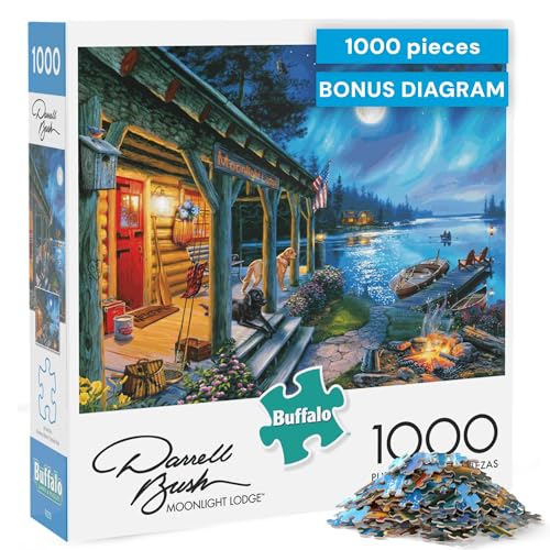 Buffalo Games Darrell Bush - Moonlight Lodge - 1000 Piece Jigsaw Puzzle - Multicolor, Rectangular - Includes Poster - 1000 Piece Puzzle for Adults - Scenic Landscape