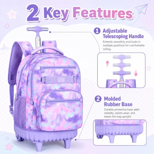 3Pcs Rolling Backpack for Girls Women, Travel Roller Backpacks with Wheels for Adults, Teens College Tie-Dye Wheeled Bookbag with Lunch Box(Purple) - color: Pink Purple
