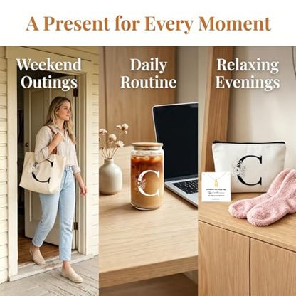 DHQH Birthday Gifts for Women, Monogrammed Gifts Box Included 16 oz Initial Glass Drinking Cup,Canvas Tote Bag, Personalized Iced Coffee Tumbler Gift for Women Her Mom Teacher Friends Sister, C - color: letter-cup-c