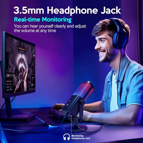 VCOM USB Microphone for PC, RGB Gaming Microphone with Mute Button, Gain Control, Monitoring Headphone 3.5mm Jack, PC Mic for Gaming, Streaming, Podcast, VoiceOver, Recording