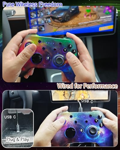 Wzuiсov Game Controller for Switch 1&2, iOS, Android, PC, TV, Tesla - Bluetooth & USB-C Wired Gamepad with Adjustable Star Lights, Phone Holder & USB Adapter - color: Red&Blue