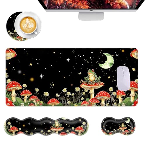Mouse Pad,Large Desk Mat Set, 4in1 XL Mousepad + Keyboard Wrist Rest+Mouse Wrist Rest+Coaster with Ergonomic Desk Pad for Home Office Table Computer Cover -Aesthetic Mushroom Frog - color: Aesthetic Mushroom Frog
