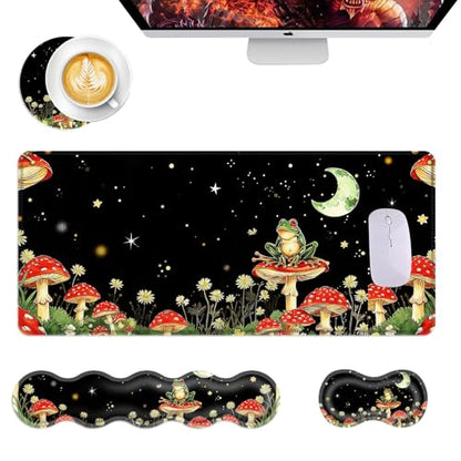 Mouse Pad,Large Desk Mat Set, 4in1 XL Mousepad + Keyboard Wrist Rest+Mouse Wrist Rest+Coaster with Ergonomic Desk Pad for Home Office Table Computer Cover -Aesthetic Mushroom Frog - color: Aesthetic Mushroom Frog