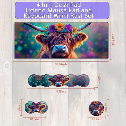 Large Gaming Mouse Pad Set with Wrist Support – 31.5" x 11.8" 4-in-1 XXL Mousepad with Keyboard Wrist Rest, Mouse Wrist Rest & Coaster – Ergonomic Desk Mat for Office, Home – Highland Cow Flower - color: Highland Cow Flower