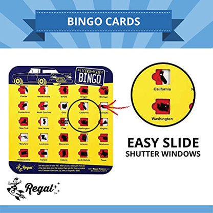 Regal Games Finger-Tip Shutter Bingo Cards with Sliding Windows - License Plate & Bingo Travel Game Set for Adults & Kids - Reusable, No Chips & Daubers Needed - 4 Packs - Yellow - color: Yellow