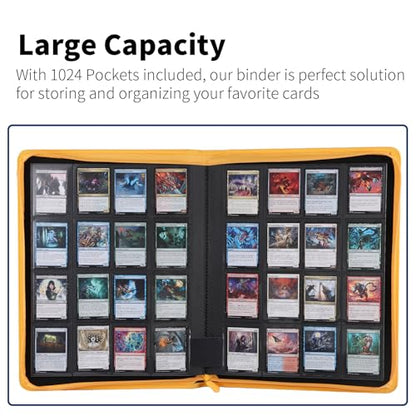 Snekdy premium 1024-pocket trading card binder, 16-pocket cards album, waterproof PU-leather Cover album with side loading, holds gaming, baseball, basketball & sports cards (Yellow) - color: Yellow