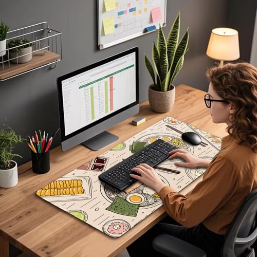 Japanese Ramen Large Gaming Mouse Pad Desk Mat XXL 31.5"x15.7" | Extended Mousepad, Non-Slip Rubber Base , Stitched Edges, for Computer/Laptop/Office/Home - color: Illustrated Food Pattern