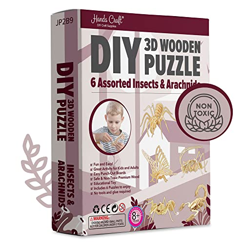 Hands Craft DIY 3D Wooden Puzzle – 6 Assorted Insects & Arachnids Bundle Pack Brain Teaser Puzzles Educational STEM Toy Adults and Kids to Build Safe and Non-Toxic Easy Punch Out Premium Wood JP2B9 - color: Insects & Arachnids
