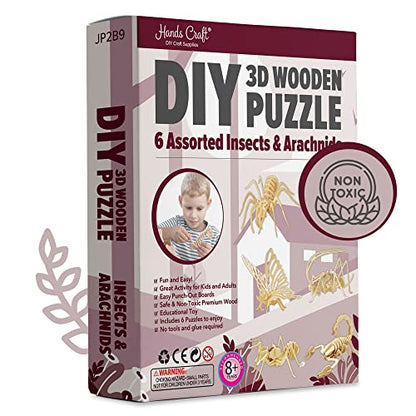 Hands Craft DIY 3D Wooden Puzzle – 6 Assorted Insects & Arachnids Bundle Pack Brain Teaser Puzzles Educational STEM Toy Adults and Kids to Build Safe and Non-Toxic Easy Punch Out Premium Wood JP2B9 - color: Insects & Arachnids