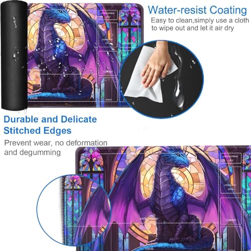 for MTG/TCG Playmat with Zones, 24 x 14 inches Trading Card Playmat with A Storage Bag and 6 Dice, Non-Lip Rubber Bottom Game Desk Mat, Stained Glass Dragon - color: Yux-playmats-2-3A-260