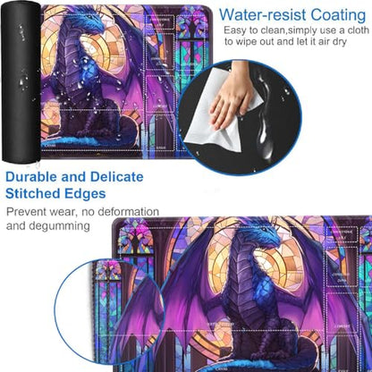for MTG/TCG Playmat with Zones, 24 x 14 inches Trading Card Playmat with A Storage Bag and 6 Dice, Non-Lip Rubber Bottom Game Desk Mat, Stained Glass Dragon - color: Yux-playmats-2-3A-260