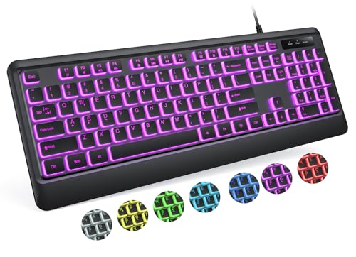 Luzarriba Backlit Computer Keyboards, Wired USB LED Keyboard with 7 Colors Backlight, Plug and Play, Waterproof, Full Size Quiet Computer Keyboard for Windows Desktop, PC, Laptop, Gaming - size: Medium