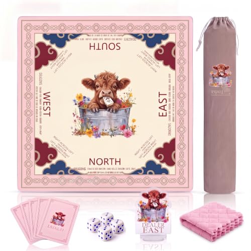 Pink Mahjong Mat with Carrying Bag and Accessories for Game Night | 32.68x32.68 inch, highland cow pattern, waterproof surface, non slip rubber base, noise dampening fabric, rules, dice - color: Pink