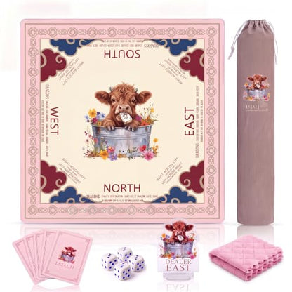 Pink Mahjong Mat with Carrying Bag and Accessories for Game Night | 32.68x32.68 inch, highland cow pattern, waterproof surface, non slip rubber base, noise dampening fabric, rules, dice - color: Pink