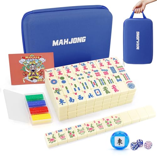 Jolitac American Mahjong Game Set, 166 Premium Tiles, Mahjong Tile Set with Sturdy Carrying Bag, Include Chips & Dice – Portable Travel Complete Mahjong Set for Adults & Beginners - color: Blue