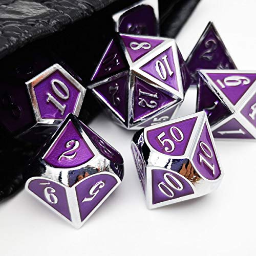 Haxtec Metal DND Dice Set Silver Royal Purple Enamel D&D Dice with Leather Dice Bag Compatible with Dungeons and Dragons TTRPG Gift for DND Lovers Players Masters - color: Silver Purple