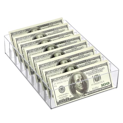 Hipiwe Cash Organizer Plastic Mail Organizer Tray Clear Desk Holder with Removable Divider, 8 Slots Cash Storage Tray Letter Sorter for Cash Budgeting Bill Envelope