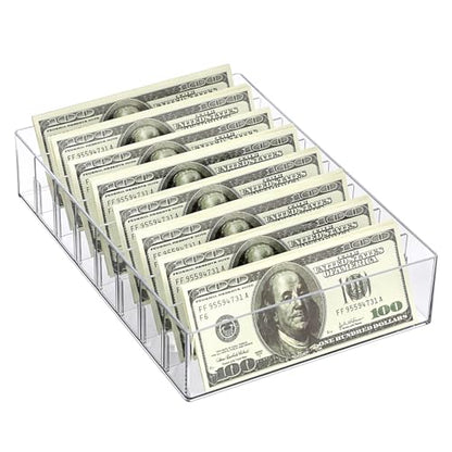 Hipiwe Cash Organizer Plastic Mail Organizer Tray Clear Desk Holder with Removable Divider, 8 Slots Cash Storage Tray Letter Sorter for Cash Budgeting Bill Envelope