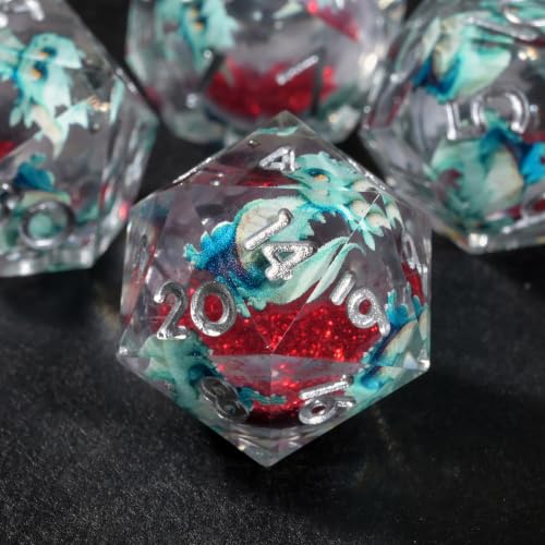 DND Dice Set Polyhedral, Translucent Liquid Core Dice, Resin Xiao Qinglong Dragon Design for Dungeons Dragons D and D TRPG Gaming Dice(Red Glitter) - color: Xiao Qinglong-red Glitter
