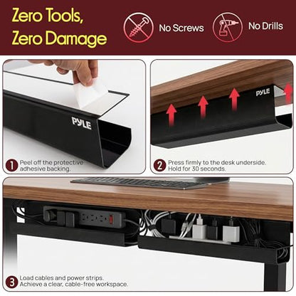 Pyle 2-Pack 17" Under Desk Cable Management Tray, Under Desk Cable Organizer with Adhesive Mount, Wire Management Under Desk for Home Office & Gaming Setup, Durable Plastic, 20 lb Capacity, Black