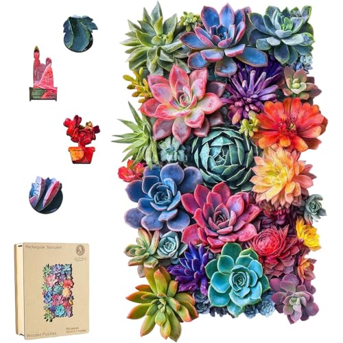 Delobil Rectangular Succulent Wooden Puzzles,500 Pieces Jigsaw Puzzles 18.5'' x11.7'', Unique Design Wooden Puzzles for Adults and Kids, Family Game Gift Royal Size - color: Rectangular Succulent, size: 500Pcs
