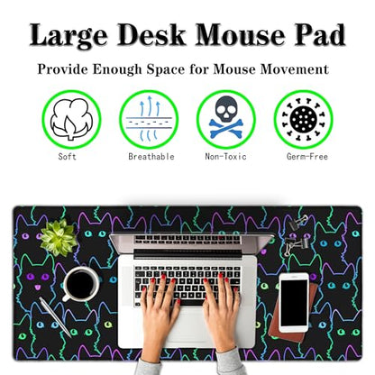 Big Mouse Pad Black Purple The Desk Pad Computer Mouse Pads Keyboard Pads Deskmat Waterproof Non-Slip Rubber Base 35.4" X 15.7" for Game Office, Cartoon Cat with Neon Lines Design - color: Cartoon Cat