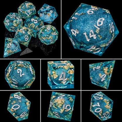 ARUOHHA Liquid Core DND Dice Set, 7pcs Resin Sharp Edged Dragons Dice RPG Role Playing Games, Silver Numbers Blue Dungeons Polyhedral Dice with Gift Box D20 D12 D10 D8 D6 D4 - color: Silver Blue