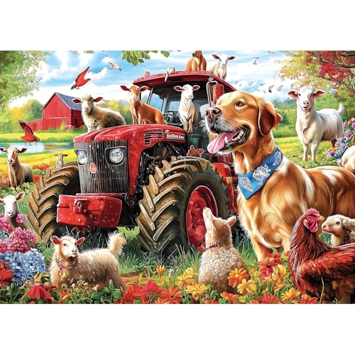 MINIWAN 1000 Piece Farm Animals Red Tractor Jigsaw Puzzle for Adults | 27.5"x19.7", Letters on Back, Reference Poster, For Seniors - color: Farm Animals