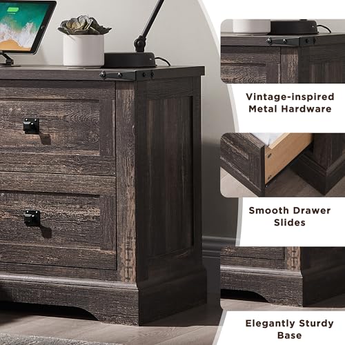 T4TREAM 24" Farmhouse Nightstand with Charging Station, Dark Rustic Oak | End Table, 2 Large Storage Drawers, Rustic Wood Sofa Bedside Table, Bedroom, Living Room - color: Dark Rustic Oak, size: 24"W*15.75"D*24"H