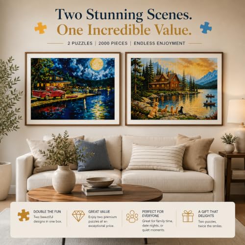 Puzzles for Adults 1000 Pieces, 2 Pack Lake Cabin and Moonlight Jigsaw Puzzles, Night View Theme, Challenging Puzzles for Game Night, Perfect for Nature Lovers - style: Wait&Moonlight