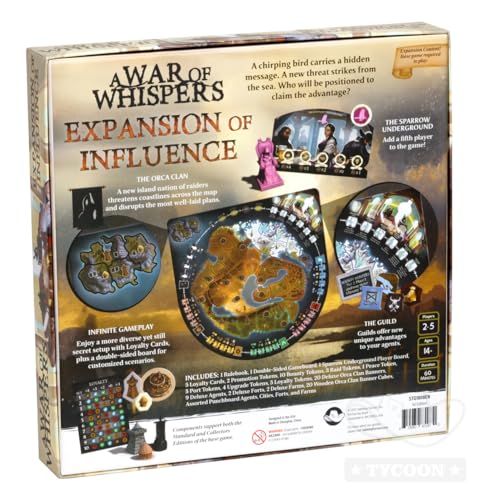 A War of Whispers Expansion of Influence, 5 Players, Age 14+, Expansion | Expand A War of Whispers with new factions and support for five players.