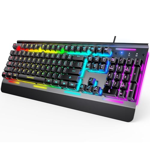 TECKNET Wired Gaming Keyboard, RGB Backlit Keyboard with Metal Panel Design | 15-Zone RGB Illumination, Whisper Quiet Design, IP32 Water Resistance, 25 Anti-ghosting Keys, Ergonomic Design - color: Black
