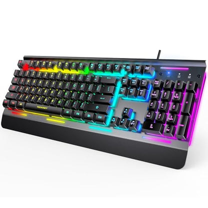 TECKNET Wired Gaming Keyboard, RGB Backlit Keyboard with Metal Panel Design | 15-Zone RGB Illumination, Whisper Quiet Design, IP32 Water Resistance, 25 Anti-ghosting Keys, Ergonomic Design - color: Black