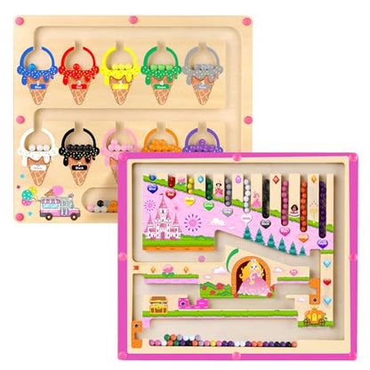wakeInsa 2 in 1 Magnetic Color and Number Maze,Montessori Toy for Toddler Girls,Wooden Magnet Balls Puzzles,Toddler Busy Board Game,Preschool Learning Activities (Princess & Ice Cream) - style: 2 in 1-Princess & Ice Cream