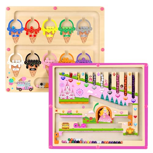 wakeInsa 2 in 1 Magnetic Color and Number Maze,Montessori Toy for Toddler Girls,Wooden Magnet Balls Puzzles,Toddler Busy Board Game,Preschool Learning Activities (Princess & Ice Cream) - style: 2 in 1-Princess & Ice Cream