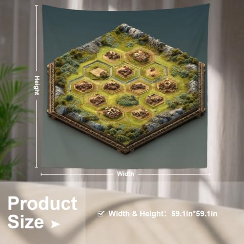 Batmerry Hex Grid Battlefield Miniature Terrain Tapestry, Isometric Game Map With Villages Wall Art Hanging Polyester Fiber White Ruffled Around for Dorm Room Bedroom Living Room, 59.1x59.1 inches