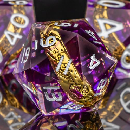 OUKELANWO Magic Lord Rings DND Dice Set with Box, 7Pcs Resin LOTR D&D Dice Set for Role Playing Game, Purple Dungeons Dragons D and D Sharp Edge Dice D20 D12 D10 D8 D6 D4 - color: Purple & White