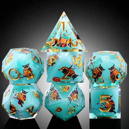 DNDND Owl Aqua Blue Translucent Resin Dice Set - 7-Piece Sharp Edge RPG Dice for D&D with Stickers, Handcrafted Premium Metal Case Gift - color: Owl