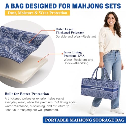 American Mahjong Set 166 Tiles with 4 Acrylic Racks&Pushers (Blue) | 166 premium cream ivory tiles with 4 acrylic racks/pushers 4 guides, scoring coins, dice, wind indicator & carrying bag