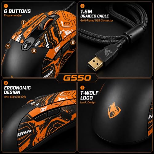 Wired Gaming Mouse, 7200 Adjustable DPI, 6 programmable Buttons, 3 Million-Click lifespan, 1.5-Meter Braided Cable, red Non-Slip Grip pad—for PC Gaming and Office use