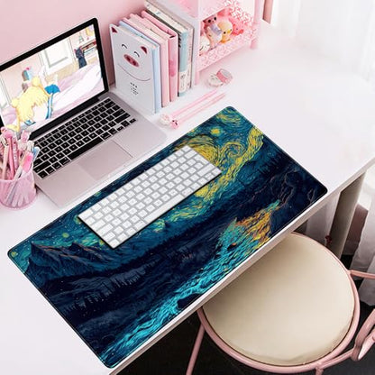 Misty Forest Desk Pad Mat Vincent Van Gogh XL Mouse Pad Gaming Playmat Large Mousepad XXL Desk Laptop Pad Equipped with Waterproof Storage Bag Non-Slip Stitched Edges (31.5x15.7 in) - color: D-blue Enchantress
