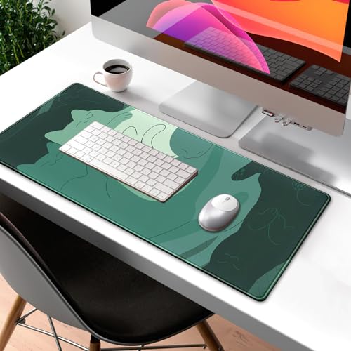Cute Green Cat Desk Mat Extended Mouse Pad Large Gaming Mousepad XL Long Desk Pad Minimalist Laptop Keyboard Pad Deskmat Deskpad Desktop Mouse Mat Big 31.5"x11.8" with Stitched Edges - color: Green Cat