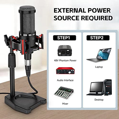 XLR Podcast Microphone Professional Cardioid Condenser Microphone for PC Computer Studio XLR Mic Kit for Recording/Podcasting/Streaming/Voice Over/ASMR/Home Studio/YouTube with Desktop Stand | 48V power required.XLR podcast mic for vocals, voiceovers and